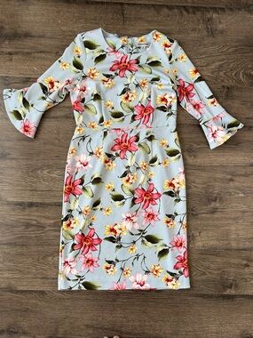 Shelby & Palmer Light Blue Floral Midi Dress with Bell Sleeves